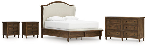 Sturlayne Queen Upholstered Panel Bed with Dresser and 2 Nightstands in Brown from Ashley - DMV Furniture