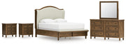 Sturlayne Queen Upholstered Panel Bed with Mirrored Dresser and 2 Nightstands in Brown from Ashley - DMV Furniture