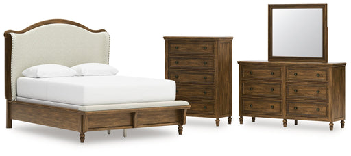 Sturlayne Queen Upholstered Panel Bed with Mirrored Dresser and Chest in Brown from Ashley - DMV Furniture