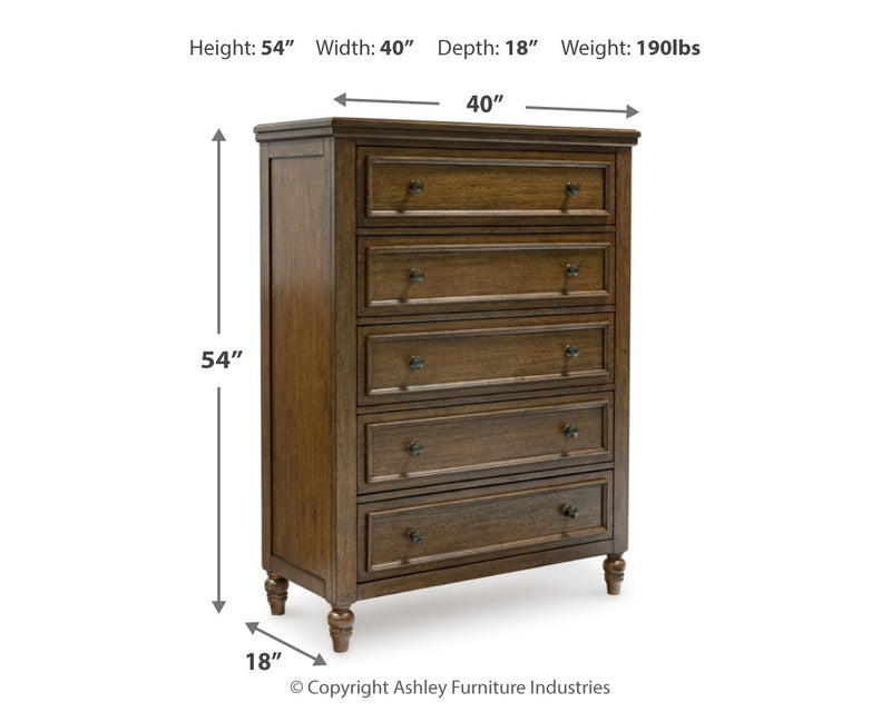 Sturlayne Queen Upholstered Panel Bed with Mirrored Dresser, Chest and 2 Nightstands in Brown from Ashley - DMV Furniture