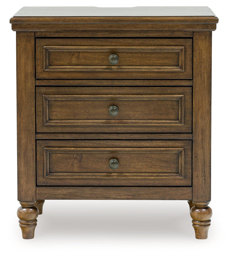 Sturlayne Queen Upholstered Panel Bed with Mirrored Dresser, Chest and Nightstand in Brown from Ashley - DMV Furniture