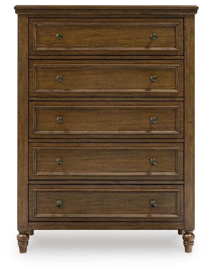 Sturlayne Queen Upholstered Panel Bed with Mirrored Dresser, Chest and Nightstand in Brown from Ashley - DMV Furniture