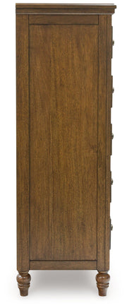 Sturlayne Queen Upholstered Panel Bed with Mirrored Dresser, Chest and Nightstand in Brown from Ashley - DMV Furniture