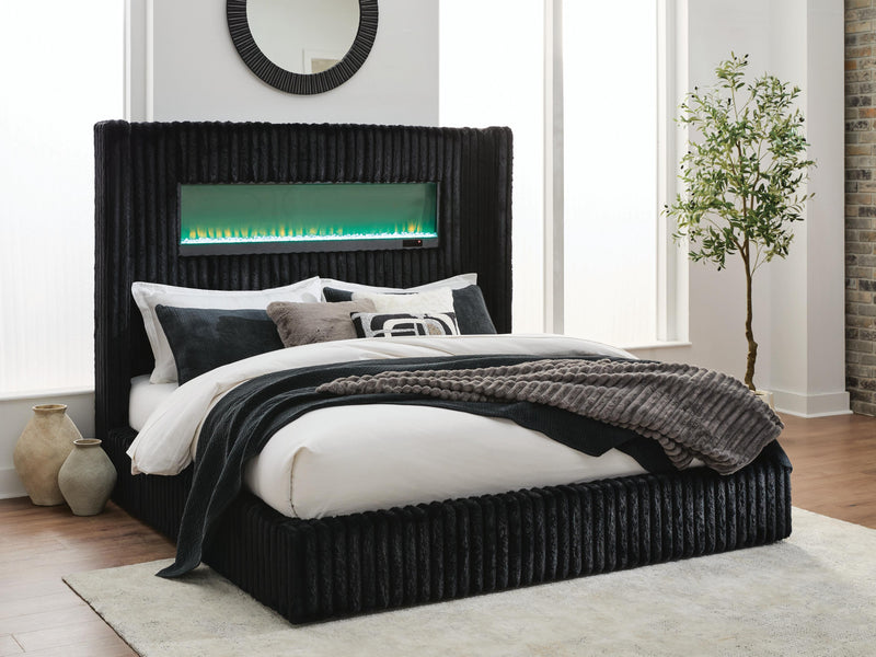 Tayleena Black Queen Upholstered Bed with Fireplace and Wireless Audio - PCB620B1