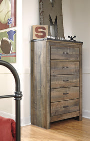 Trinell Brown Full Bookcase Storage Bed, Dresser, Mirror, Chest and 2 Nightstands - B446B89