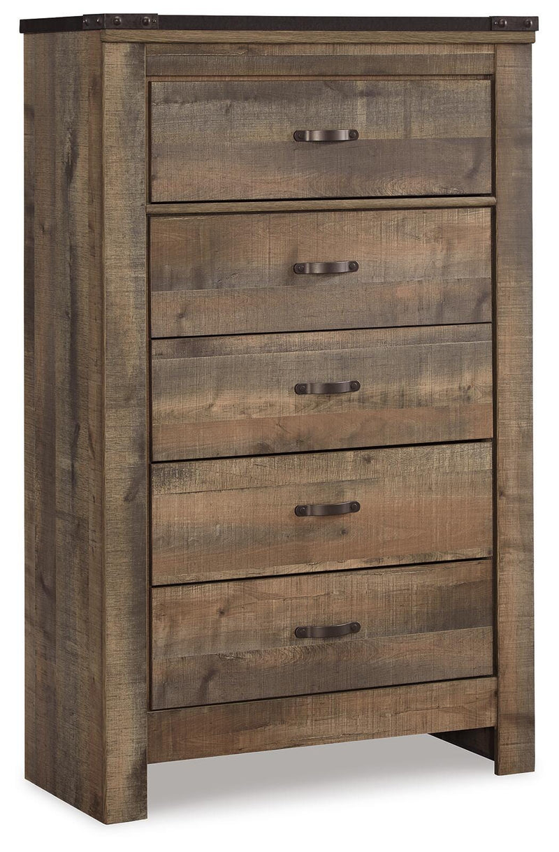 Trinell Brown King Panel Bed. Dresser, Mirror, Chest and 2 Nightstands - B446B97