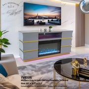 TVS105 Modern Gray & Gold Electric Fireplace TV Stand (65" x 15.7" x 31.1") - 210000007835