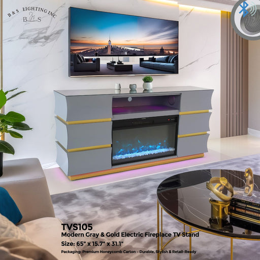 TVS105 Modern Gray & Gold Electric Fireplace TV Stand (65" x 15.7" x 31.1") - 210000007835
