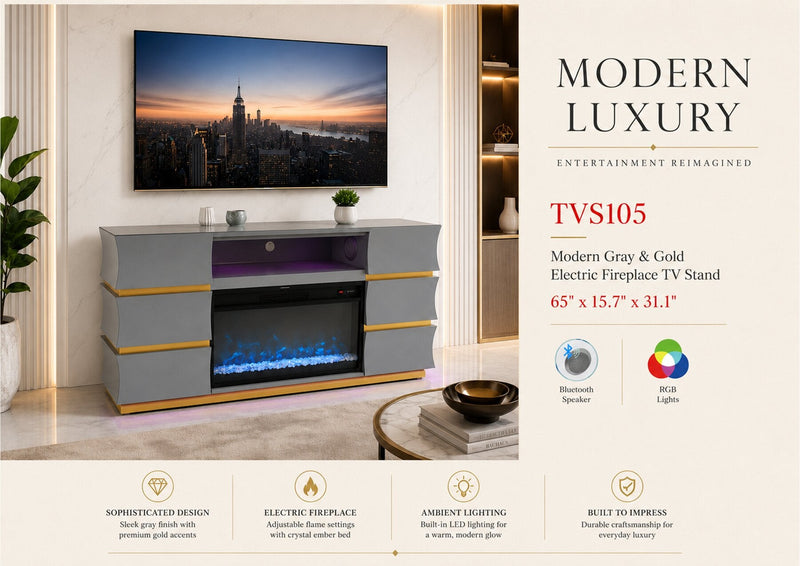 TVS105 Modern Gray & Gold Electric Fireplace TV Stand (65" x 15.7" x 31.1") - 210000007835