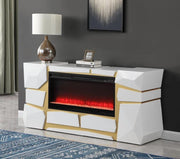 TVS106 Modern Geometric Electric Fireplace Console Table/TV Stand - White & Gold Finish (65" x 17.7" x 30.7") - 210000007834