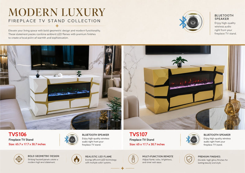 TVS106 Modern Geometric Electric Fireplace Console Table/TV Stand - White & Gold Finish (65" x 17.7" x 30.7") - 210000007834