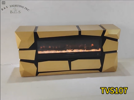 TVS107 Modern Geometric Electric Fireplace Console Table/TV Stand - Black & Gold Finish (65" x 17.7" x 30.7") - 210000007836