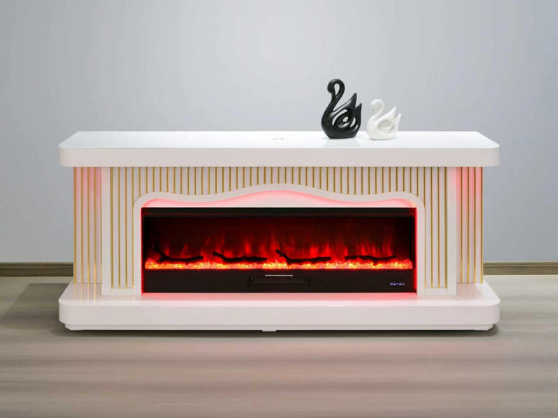 TVS108 Modern white  & Gold Electric Fireplace TV Stand (71" x 16" x 31") WITH WIRELESS CHARGER - 210000007844