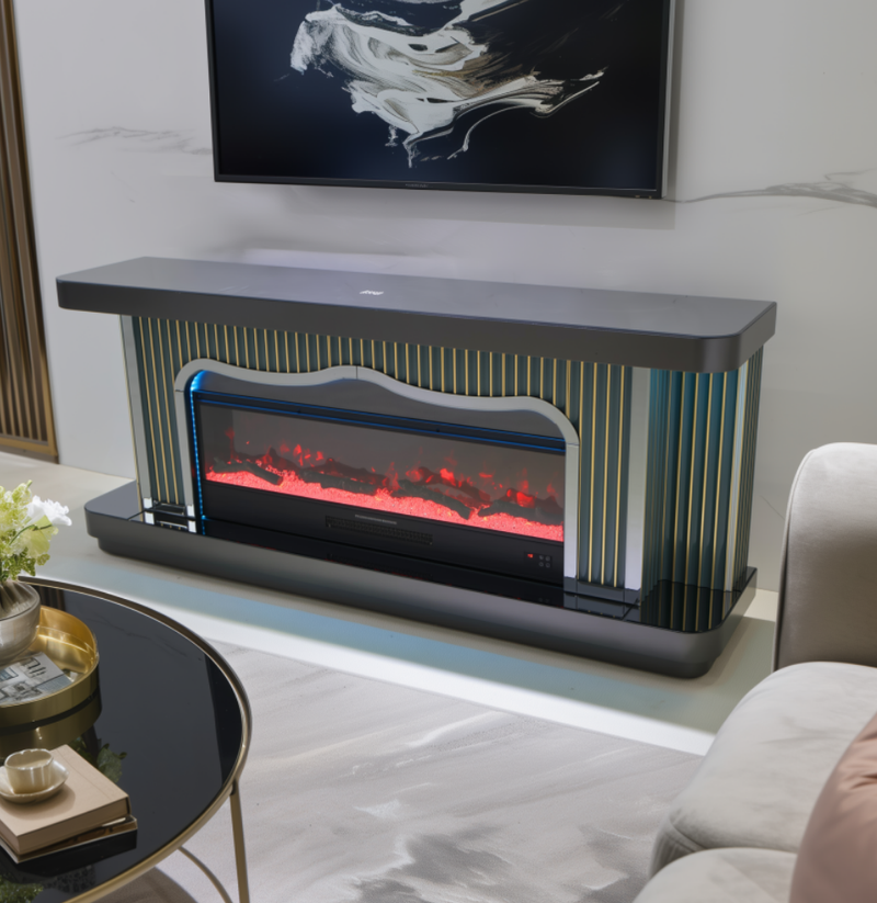 TVS109 Modern Grey & Gold Electric Fireplace TV Stand (71" x 16" x 31") WITH WIRELESS CHARGER - 210000007846