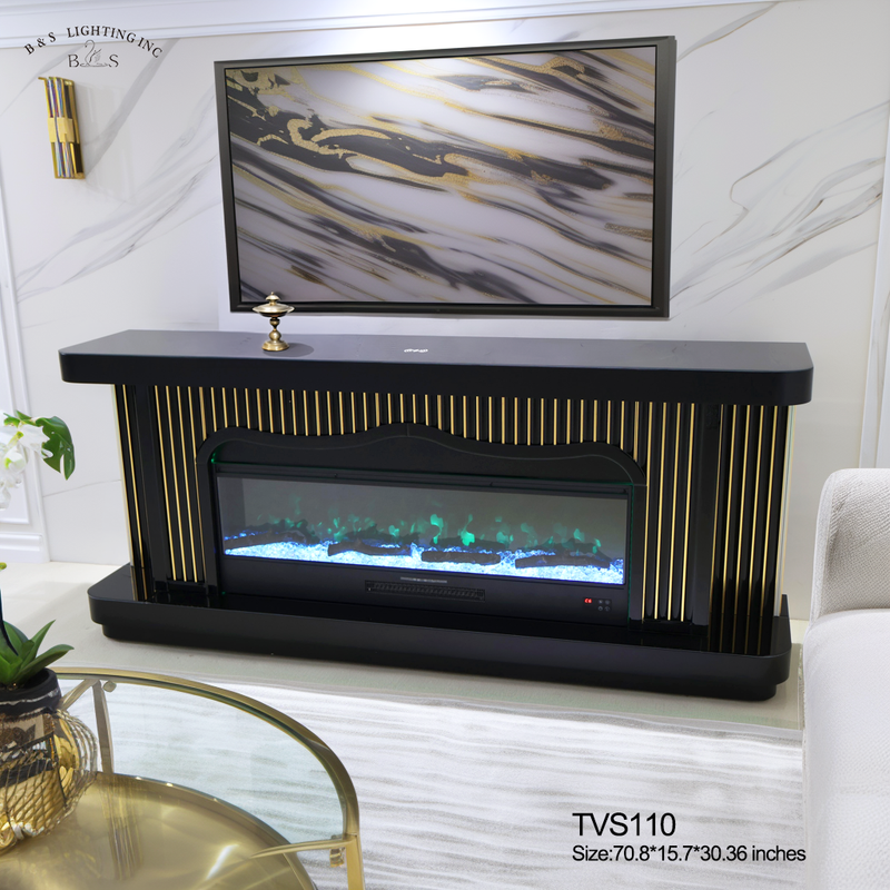 TVS110 Modern Black & Gold Electric Fireplace TV Stand (71" x 16" x 31") WITH WIRELESS CHARGER - 210000007848