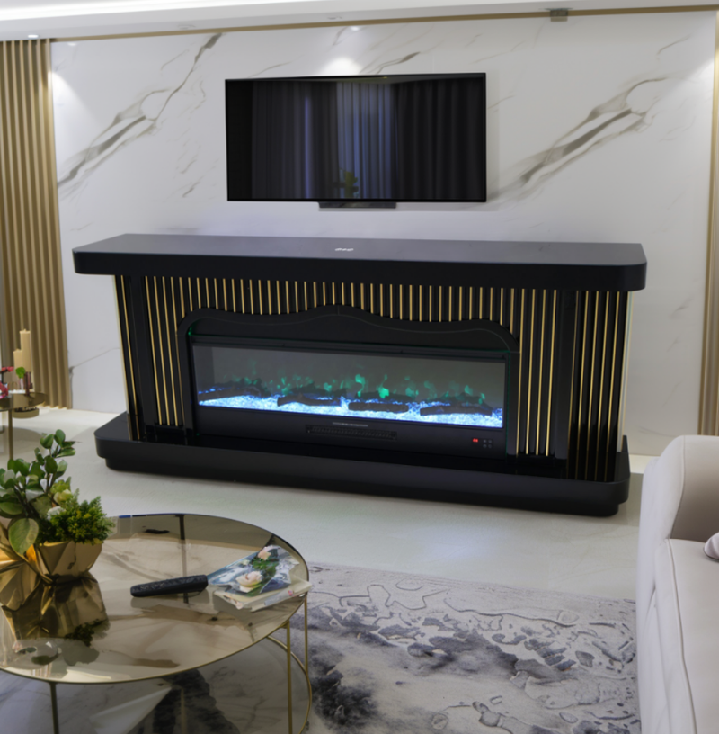 TVS110 Modern Black & Gold Electric Fireplace TV Stand (71" x 16" x 31") WITH WIRELESS CHARGER - 210000007848