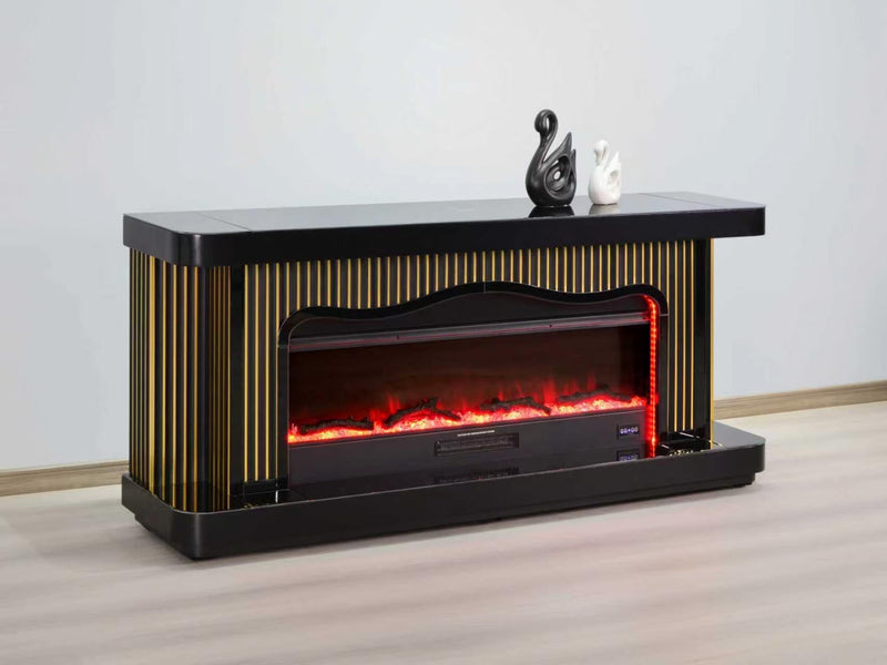 TVS110 Modern Black & Gold Electric Fireplace TV Stand (71" x 16" x 31") WITH WIRELESS CHARGER - 210000007848