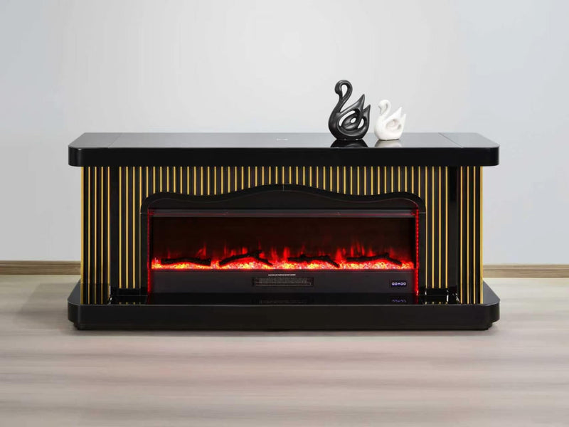 TVS110 Modern Black & Gold Electric Fireplace TV Stand (71" x 16" x 31") WITH WIRELESS CHARGER - 210000007848