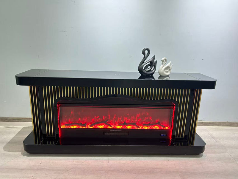 TVS110 Modern Black & Gold Electric Fireplace TV Stand (71" x 16" x 31") WITH WIRELESS CHARGER - 210000007848