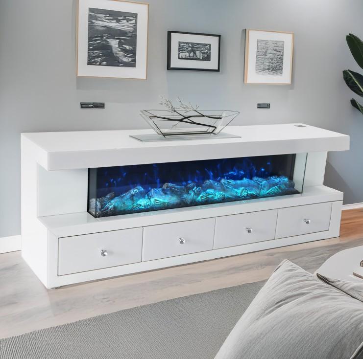 TVS111 Modern White Electric Fireplace TV Stand (70" x 15" x 25") With Bluetooth Speaker - 210000007886