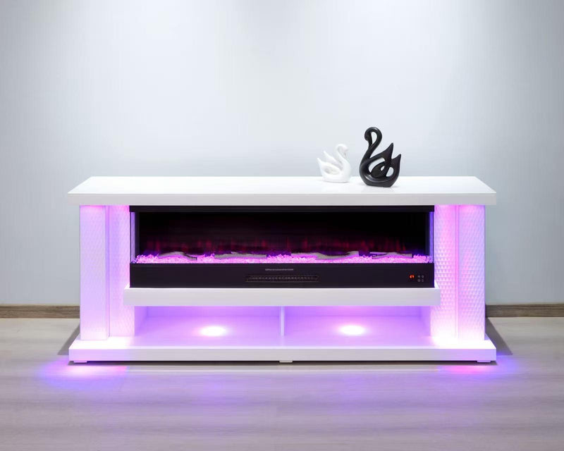 TVS117 Modern White Electric Fireplace TV Stand (71" x 16" x 29") With Bluetooth Speaker - 210000007948