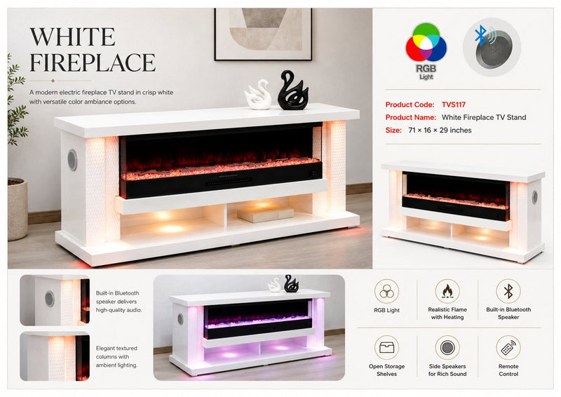 TVS117 Modern White Electric Fireplace TV Stand (71" x 16" x 29") With Bluetooth Speaker - 210000007948