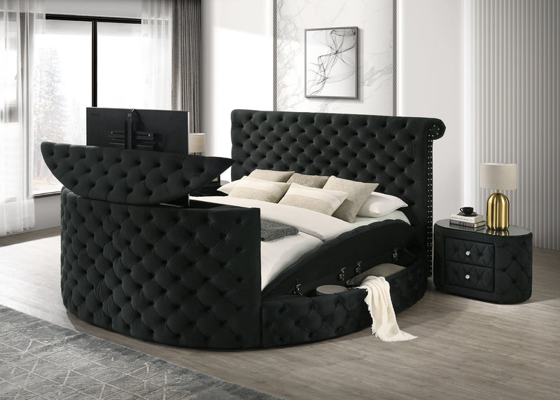 Voltare Black Queen Upholstered Fireplace Bed with TV Lift - DMV FurnitureQueen Bed