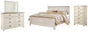 Willowton California King Panel Bed with Mirrored Dresser and Chest in Whitewash from Ashley - DMV Furniture