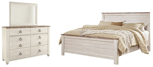 Willowton California King Panel Bed with Mirrored Dresser in Whitewash from Ashley - DMV Furniture
