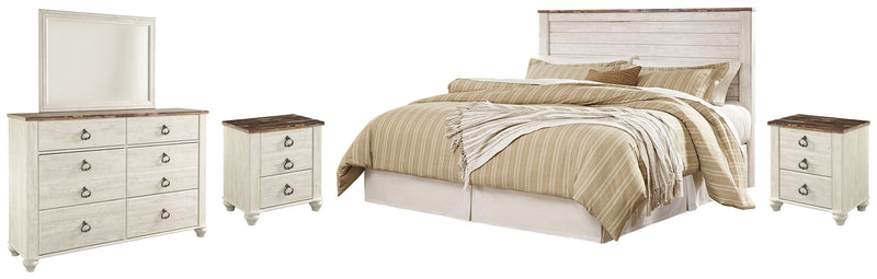 Willowton King/California King Panel Headboard Bed with Mirrored Dresser and 2 Nightstands in Whitewash from Ashley - DMV Furniture