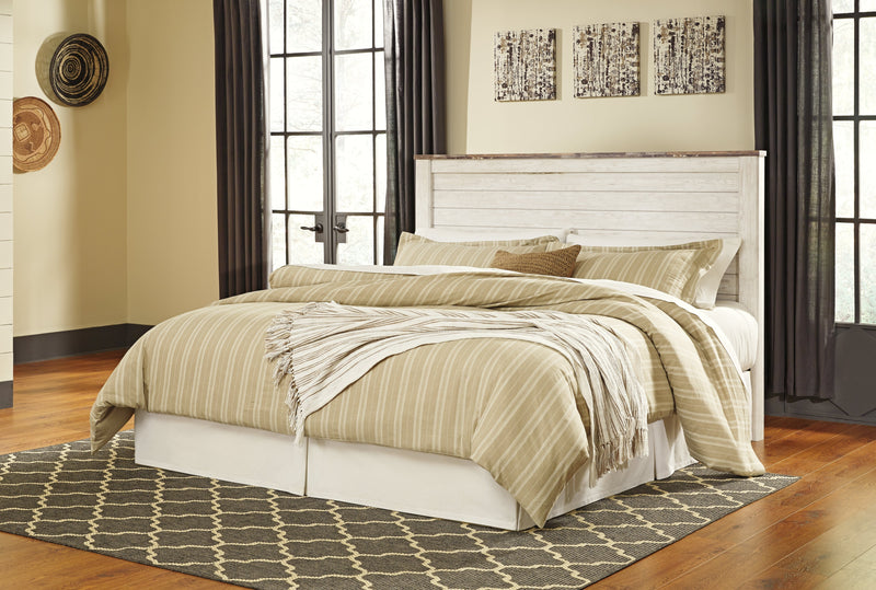 Willowton King/California King Panel Headboard Bed with Mirrored Dresser and 2 Nightstands in Whitewash from Ashley - DMV Furniture