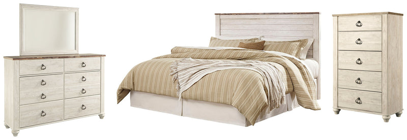 Willowton King/California King Panel Headboard Bed with Mirrored Dresser and Chest in Whitewash from Ashley - DMV Furniture