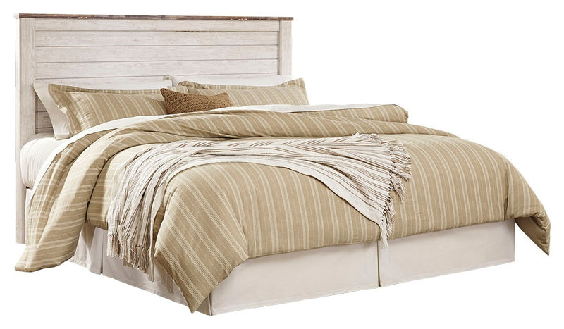 Willowton King/California King Panel Headboard Bed with Mirrored Dresser and Chest in Whitewash from Ashley - DMV Furniture