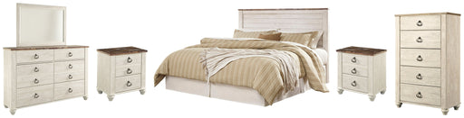 Willowton King/California King Panel Headboard Bed with Mirrored Dresser, Chest and 2 Nightstands in Whitewash from Ashley - DMV Furniture