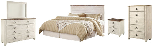 Willowton King/California King Panel Headboard Bed with Mirrored Dresser, Chest and Nightstand in Whitewash from Ashley - DMV Furniture