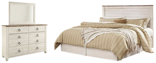 Willowton King/California King Panel Headboard Bed with Mirrored Dresser in Whitewash from Ashley - DMV Furniture