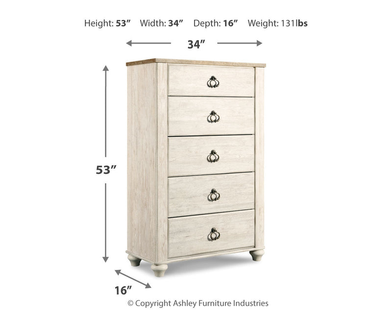 Willowton King Panel Bed with Mirrored Dresser, Chest and 2 Nightstands in Whitewash - PKG004462