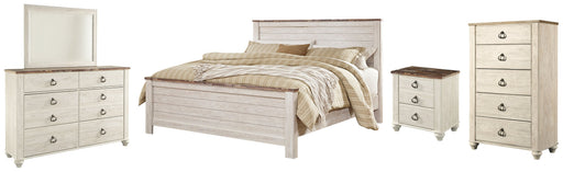 Willowton King Panel Bed with Mirrored Dresser, Chest and Nightstand in Whitewash - PKG004426