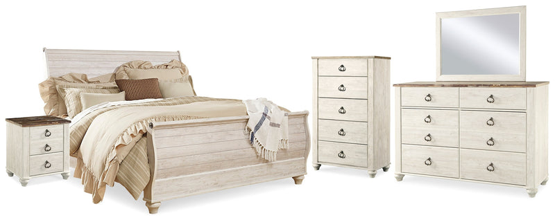 Willowton King Sleigh Bed with Mirrored Dresser, Chest and 2 Nightstands in Whitewash from Ashley - DMV Furniture