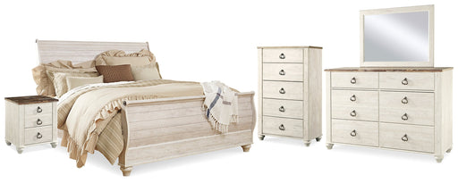 Willowton King Sleigh Bed with Mirrored Dresser, Chest and 2 Nightstands in Whitewash from Ashley - DMV Furniture
