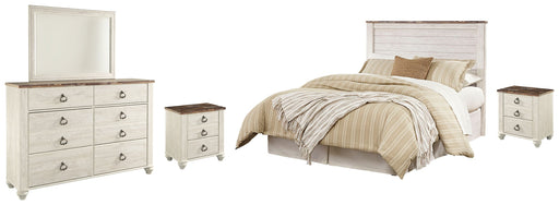 Willowton Queen/Full Panel Headboard Bed with Mirrored Dresser and 2 Nightstands in Whitewash from Ashley - DMV Furniture