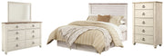 Willowton Queen/Full Panel Headboard Bed with Mirrored Dresser and Chest in Whitewash from Ashley - DMV Furniture