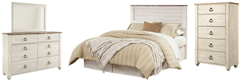 Willowton Queen/Full Panel Headboard Bed with Mirrored Dresser and Chest in Whitewash from Ashley - DMV Furniture