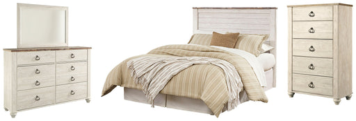 Willowton Queen/Full Panel Headboard Bed with Mirrored Dresser and Chest in Whitewash from Ashley - DMV Furniture