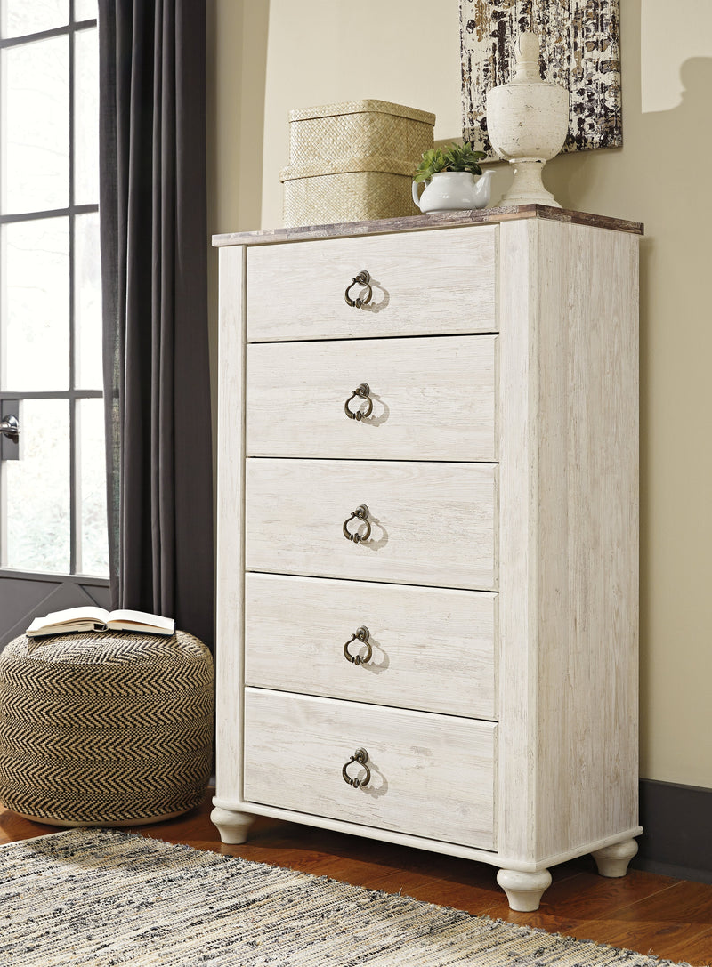 Willowton Queen/Full Panel Headboard Bed with Mirrored Dresser and Chest in Whitewash from Ashley - DMV Furniture