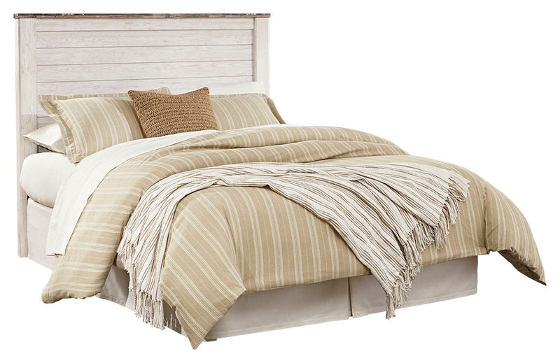 Willowton Queen/Full Panel Headboard Bed with Mirrored Dresser and Chest in Whitewash from Ashley - DMV Furniture