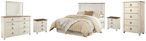 Willowton Queen/Full Panel Headboard Bed with Mirrored Dresser, Chest and 2 Nightstands in Whitewash from Ashley - DMV Furniture