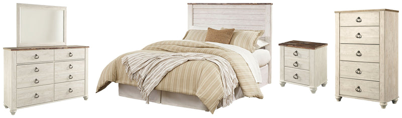 Willowton Queen/Full Panel Headboard Bed with Mirrored Dresser, Chest and Nightstand in Whitewash from Ashley - DMV Furniture