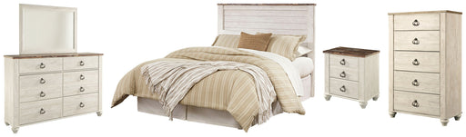 Willowton Queen/Full Panel Headboard Bed with Mirrored Dresser, Chest and Nightstand in Whitewash from Ashley - DMV Furniture