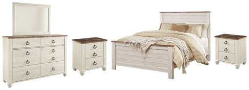 Willowton Queen Panel Bed with Mirrored Dresser and 2 Nightstands in Whitewash - PKG004367
